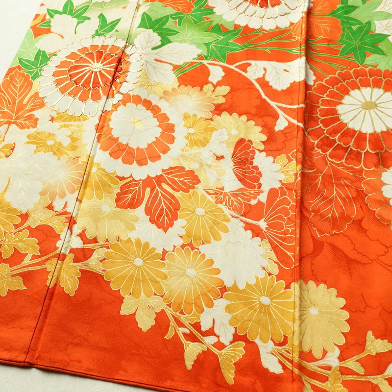 振袖 金駒刺繍 綸子 正絹 花柄 袷仕立て 身丈164cm 裄丈67cm 箔 金彩 フォーマル 着物 橙_画像4