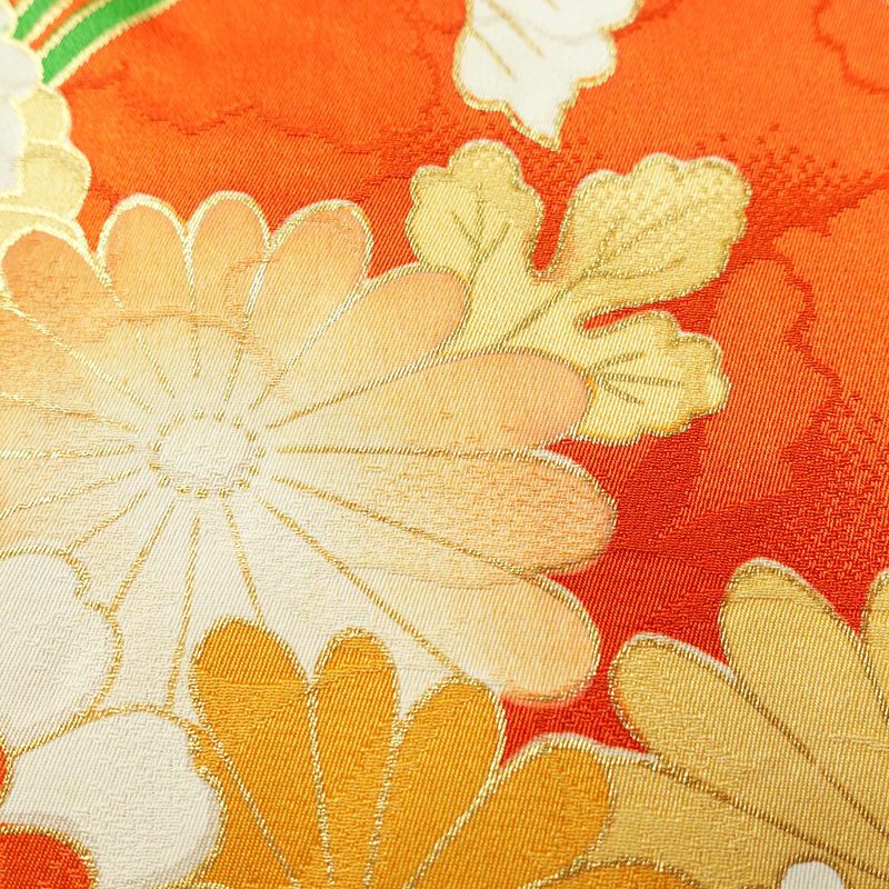 振袖 金駒刺繍 綸子 正絹 花柄 袷仕立て 身丈164cm 裄丈67cm 箔 金彩 フォーマル 着物 橙_画像9