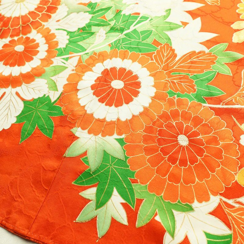 振袖 金駒刺繍 綸子 正絹 花柄 袷仕立て 身丈164cm 裄丈67cm 箔 金彩 フォーマル 着物 橙_画像11
