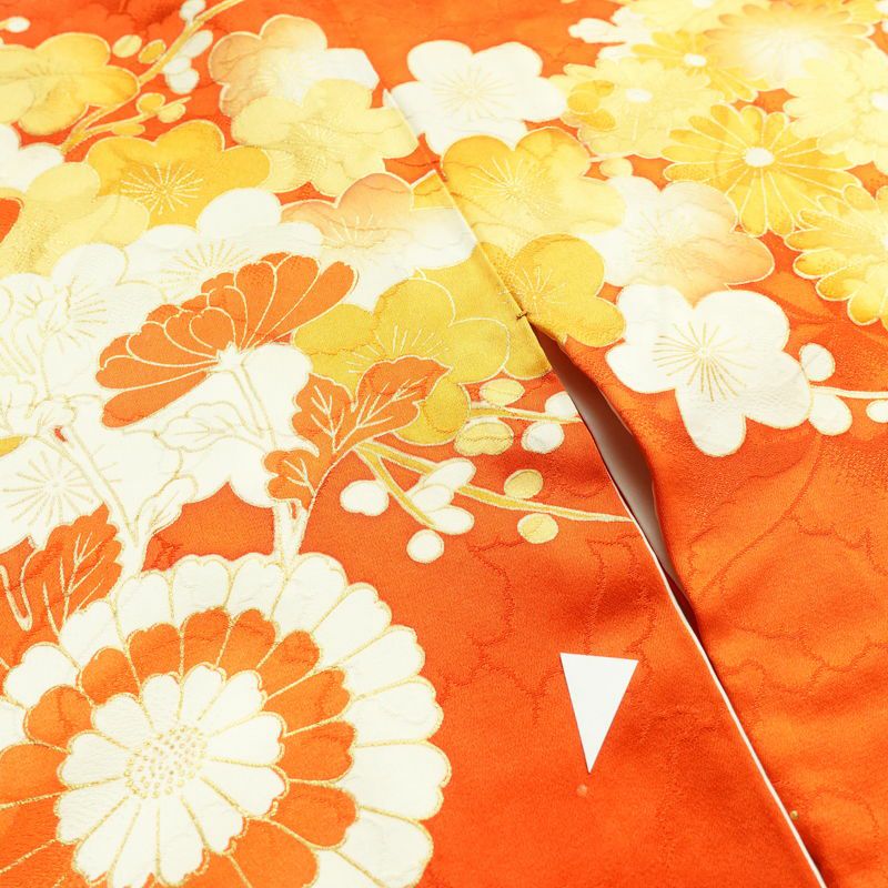 振袖 金駒刺繍 綸子 正絹 花柄 袷仕立て 身丈164cm 裄丈67cm 箔 金彩 フォーマル 着物 橙_画像13