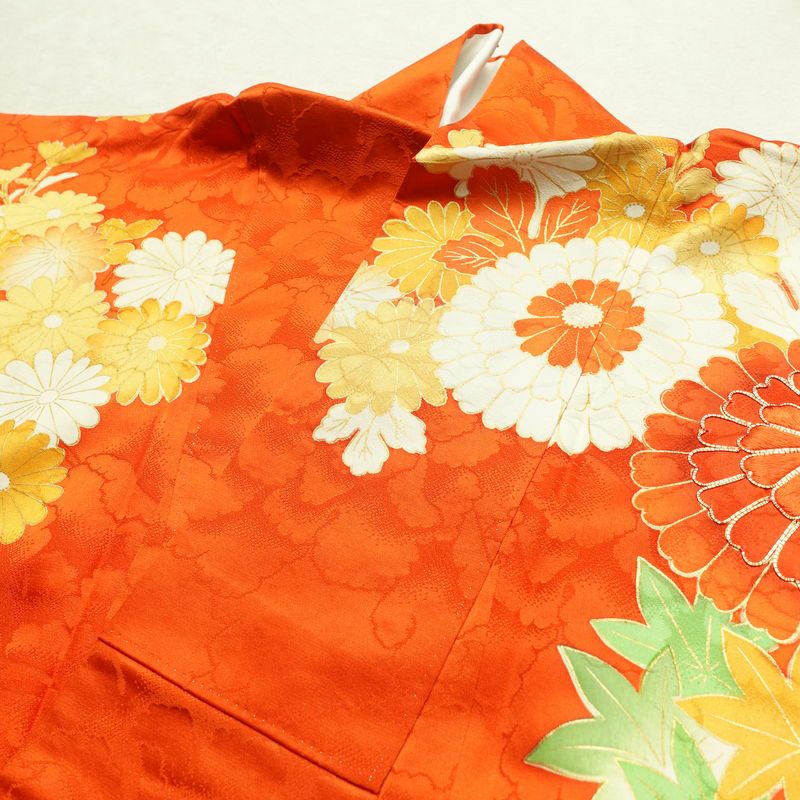 振袖 金駒刺繍 綸子 正絹 花柄 袷仕立て 身丈164cm 裄丈67cm 箔 金彩 フォーマル 着物 橙_画像14