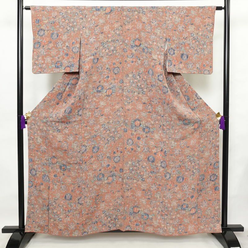 小紋 落款入り 縮緬 総柄 正絹 袷仕立て 身丈159.5cm 裄丈63.5cm 着物 くすみピンク ピンク_画像1