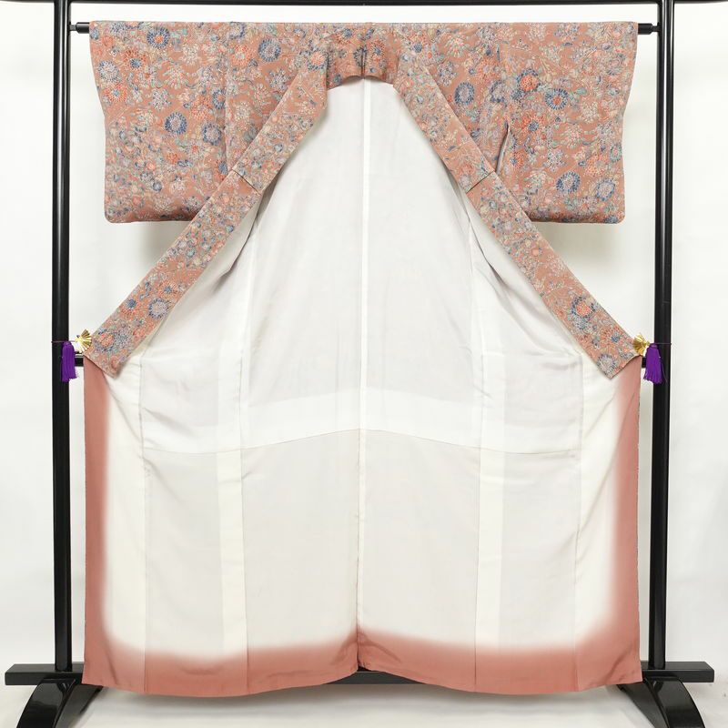 小紋 落款入り 縮緬 総柄 正絹 袷仕立て 身丈159.5cm 裄丈63.5cm 着物 くすみピンク ピンク_画像3