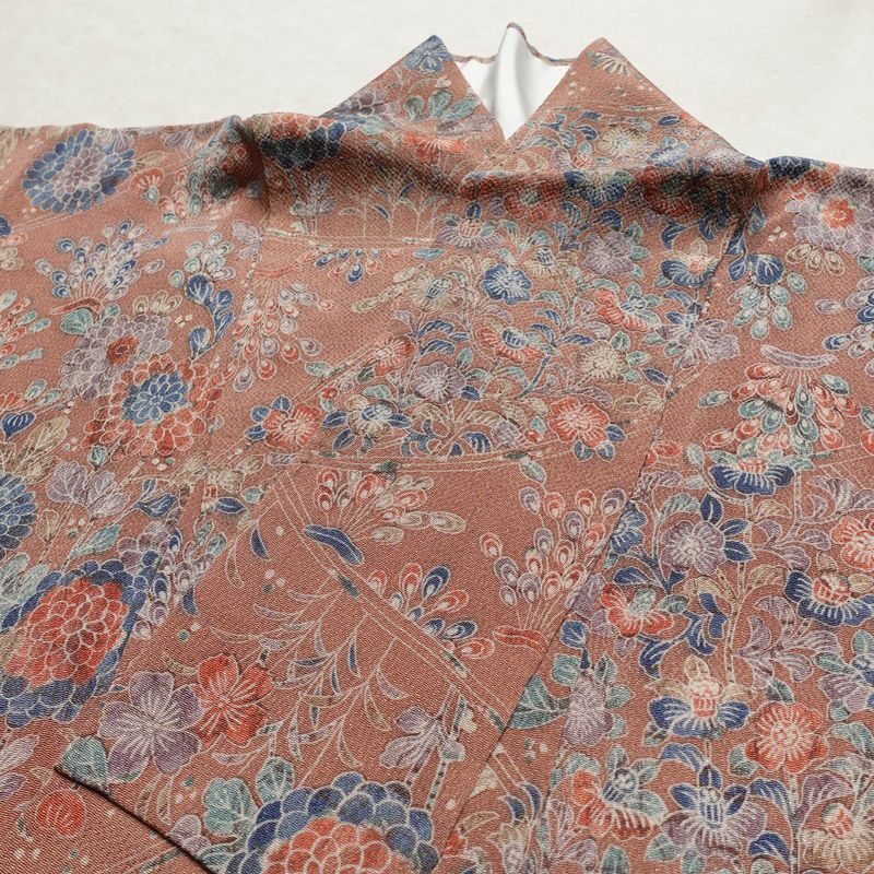 小紋 落款入り 縮緬 総柄 正絹 袷仕立て 身丈159.5cm 裄丈63.5cm 着物 くすみピンク ピンク_画像16