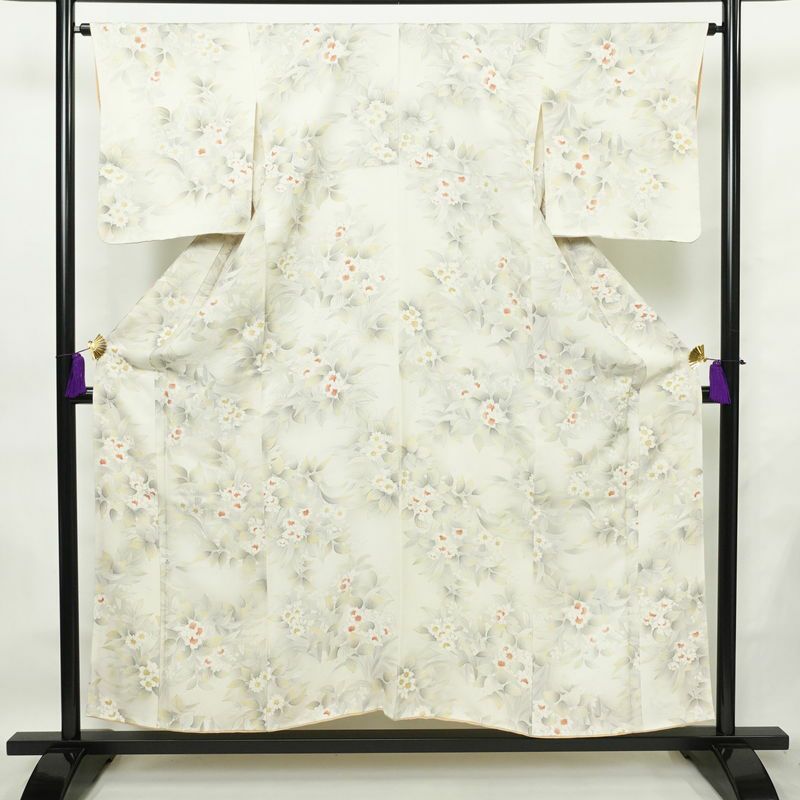 小紋 正絹 花柄 袷仕立て 身丈154.5cm 裄丈64.5cm 箔 着物 グレー_画像1