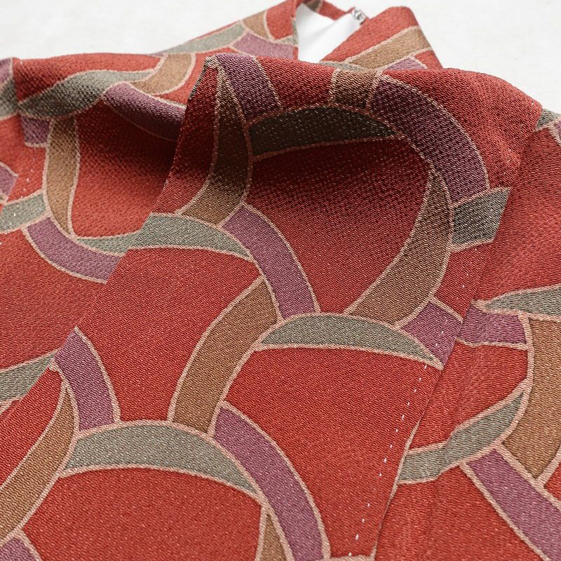 小紋 良品 縮緬 正絹 幾何学柄・抽象柄 袷仕立て 身丈162.5cm 裄丈68cm 一部しつけ糸付き 着物 ピンク_画像17