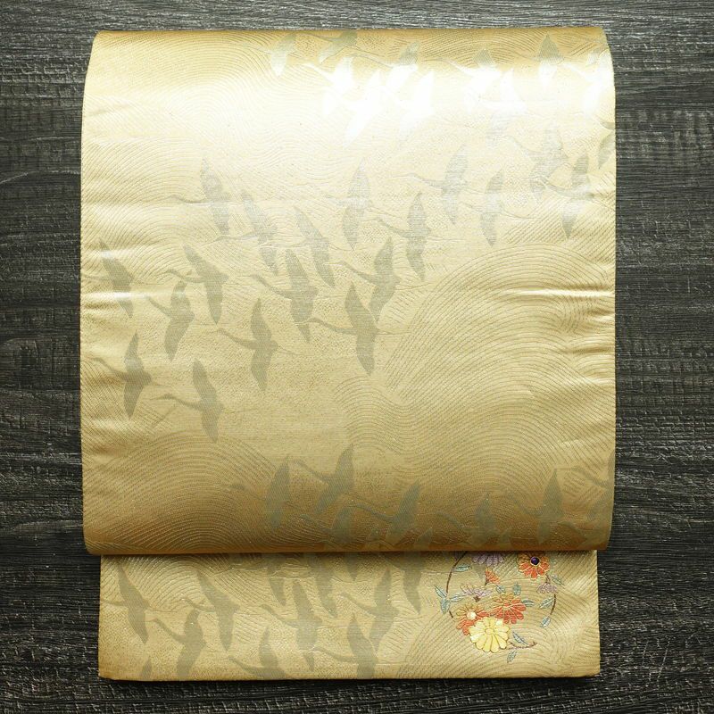 袋帯 六通柄 フォーマル用 正絹 人物・動物柄 箔 帯 黄・黄土色_画像1