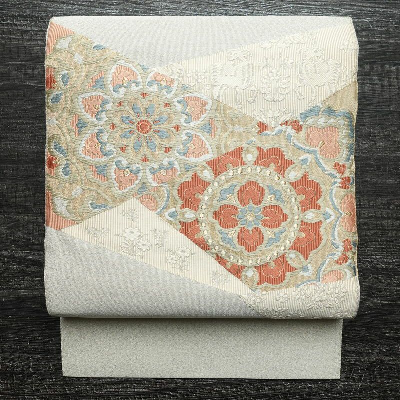 名古屋帯 太鼓柄 良品 正絹 幾何学柄・抽象柄 松葉仕立て 金糸 帯 金・銀_画像1