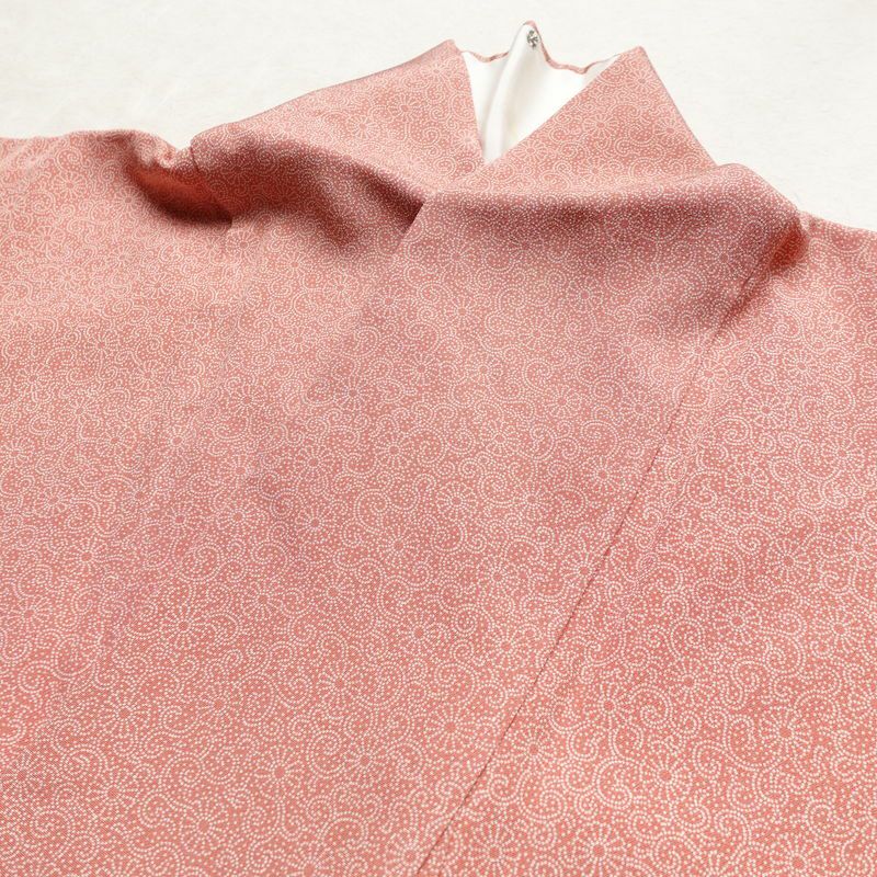 小紋 木下正夫 落款入り 縮緬 一つ紋付き 江戸小紋 付下小紋 正絹 花柄 袷仕立て 身丈152.5cm 裄丈65cm 着物 ピンク_画像18