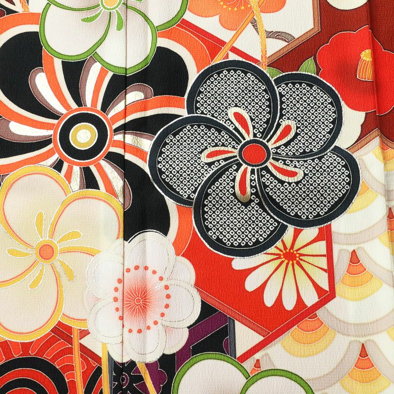 振袖 良品 ポリエステル 古典柄 袷仕立て 身丈169.5cm 裄丈68.5cm 箔 金彩 フォーマル 二十歳 着物 多色使い_画像6