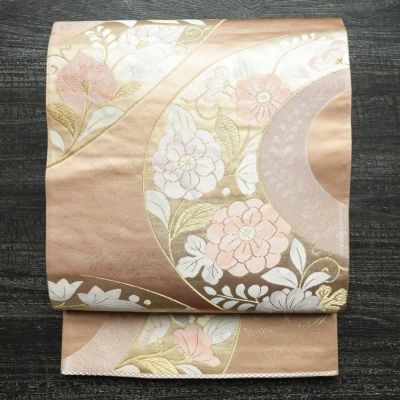 袋帯 六通柄 フォーマル用 正絹 花柄 箔 金糸 帯 サーモンピンク ピンク