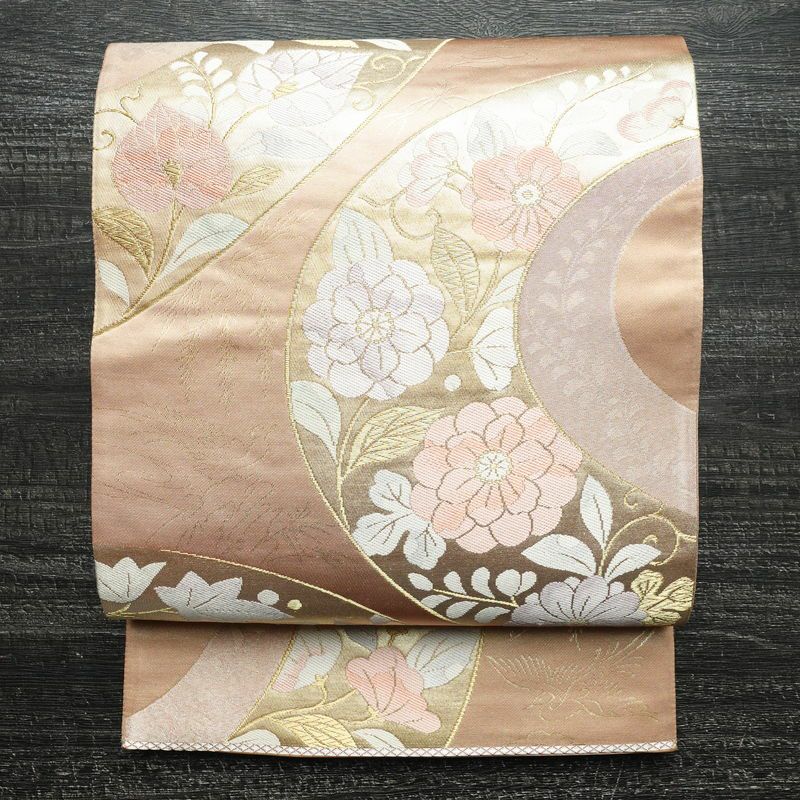 袋帯 六通柄 フォーマル用 正絹 花柄 箔 金糸 帯 サーモンピンク ピンク_画像1