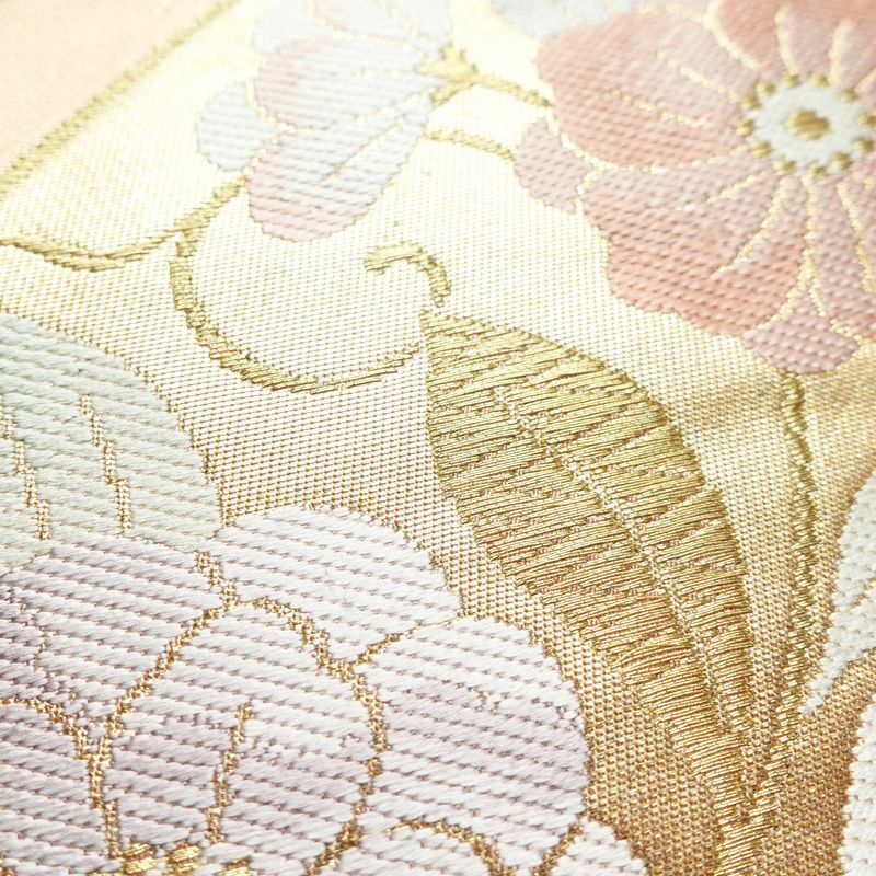 袋帯 六通柄 フォーマル用 正絹 花柄 箔 金糸 帯 サーモンピンク ピンク_画像5