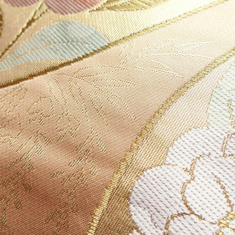 袋帯 六通柄 フォーマル用 正絹 花柄 箔 金糸 帯 サーモンピンク ピンク_画像6