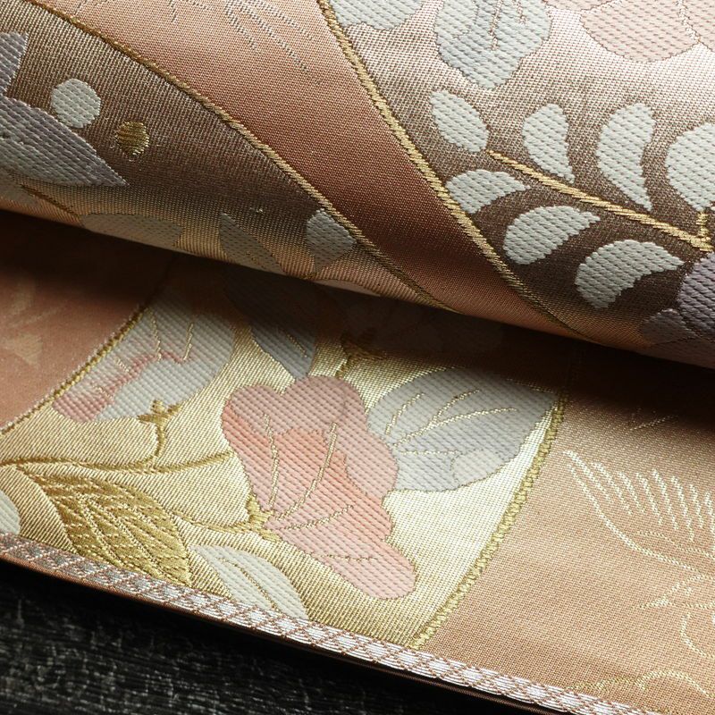 袋帯 六通柄 フォーマル用 正絹 花柄 箔 金糸 帯 サーモンピンク ピンク_画像7