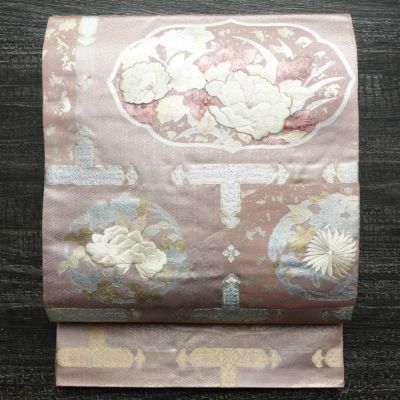袋帯 六通柄 フォーマル用 正絹 花柄 箔 刺繍 帯 ピンク