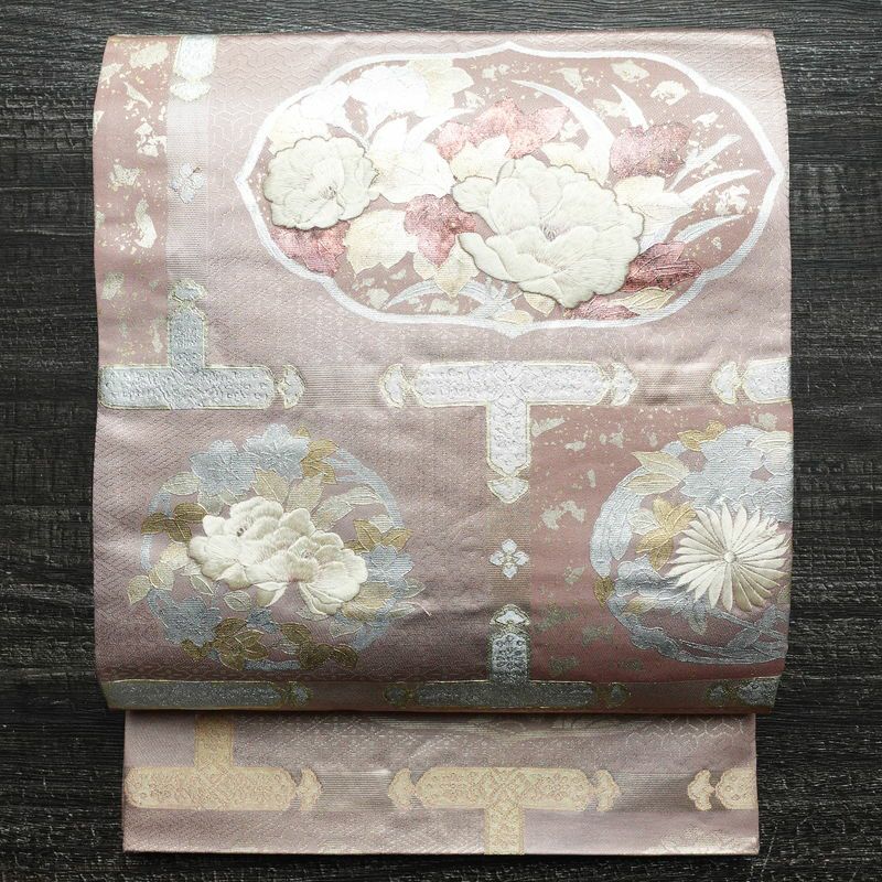 袋帯 六通柄 フォーマル用 正絹 花柄 箔 刺繍 帯 ピンク_画像1