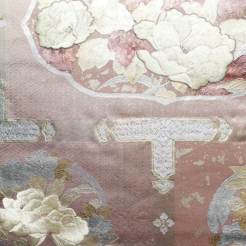 袋帯 六通柄 フォーマル用 正絹 花柄 箔 刺繍 帯 ピンク_画像2