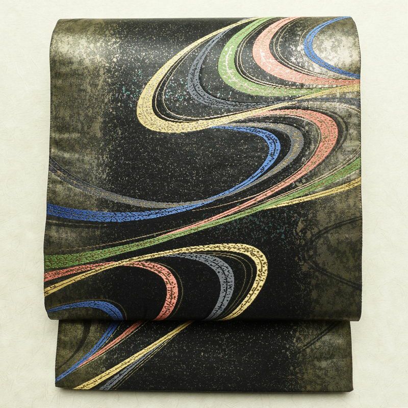 袋帯 六通柄 フォーマル用 正絹 流水・波柄 箔 金糸 帯 黒_画像1