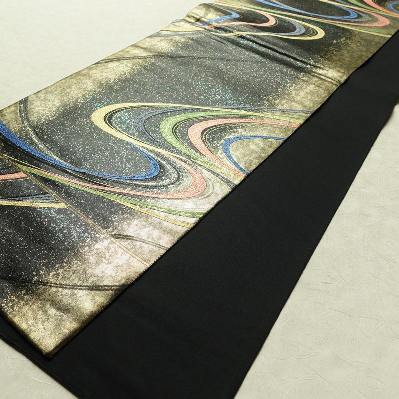 袋帯 六通柄 フォーマル用 正絹 流水・波柄 箔 金糸 帯 黒_画像8
