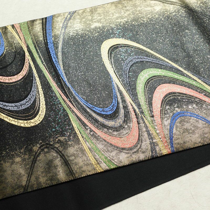 袋帯 六通柄 フォーマル用 正絹 流水・波柄 箔 金糸 帯 黒_画像11