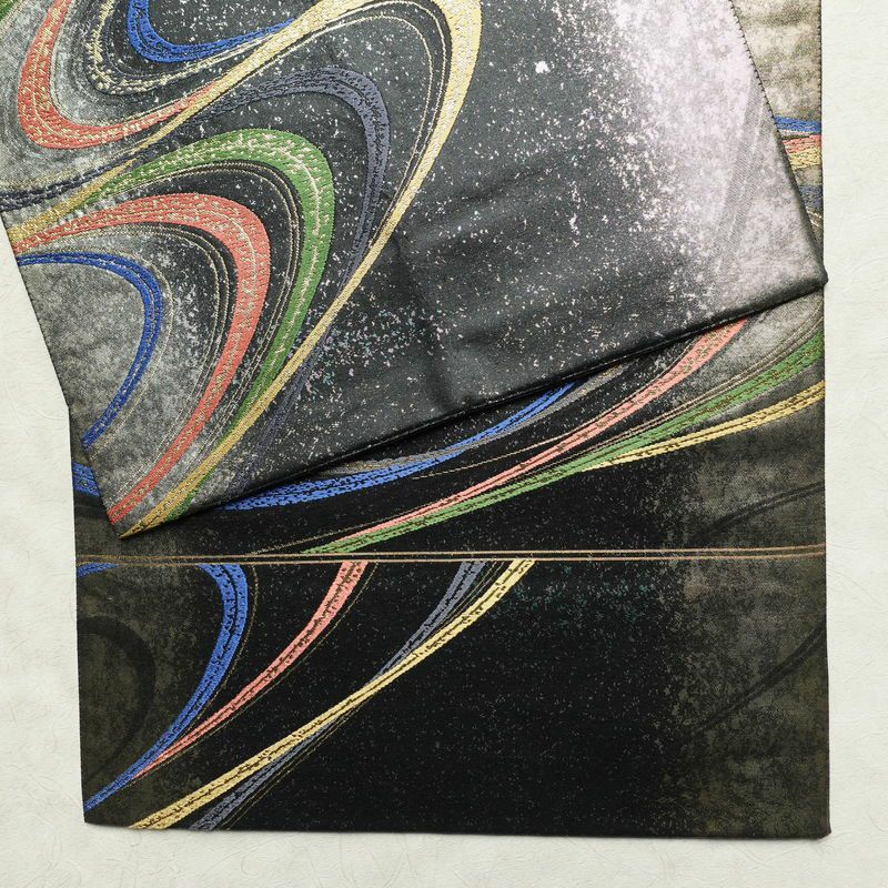 袋帯 六通柄 フォーマル用 正絹 流水・波柄 箔 金糸 帯 黒_画像13
