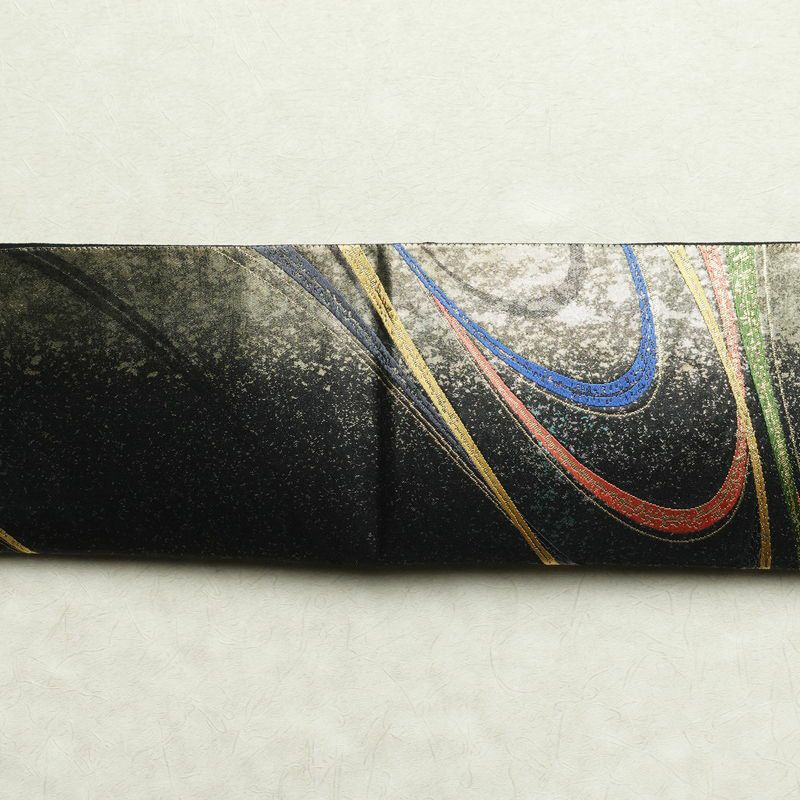 袋帯 六通柄 フォーマル用 正絹 流水・波柄 箔 金糸 帯 黒_画像14