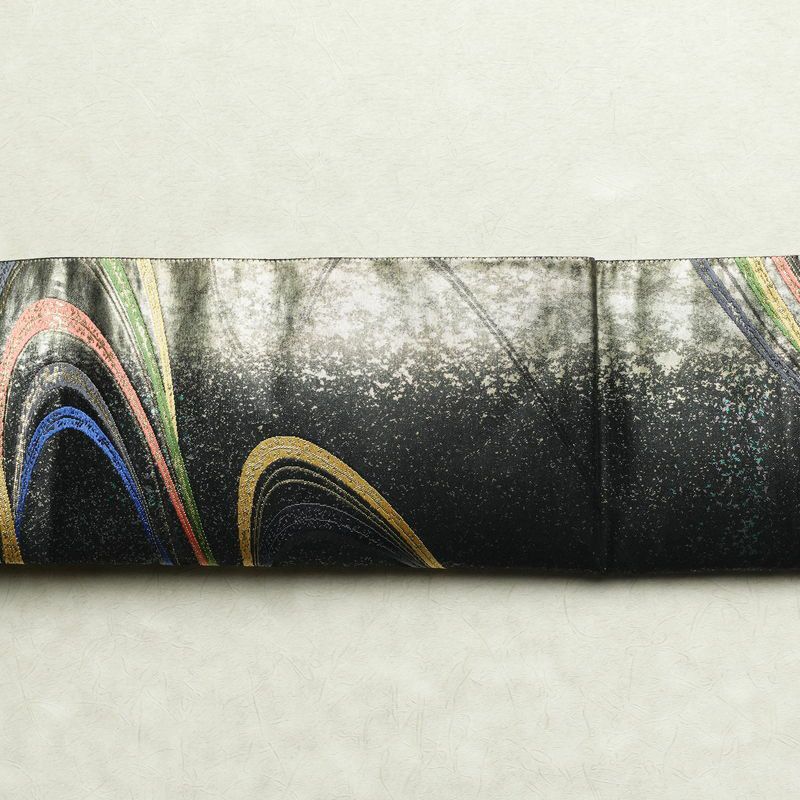 袋帯 六通柄 フォーマル用 正絹 流水・波柄 箔 金糸 帯 黒_画像15
