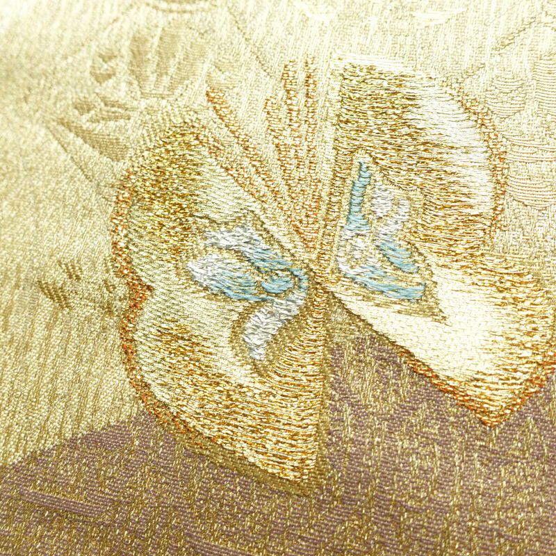 袋帯 六通柄 フォーマル用 正絹 蝶・昆虫柄 箔 金糸 帯 金・銀_画像3