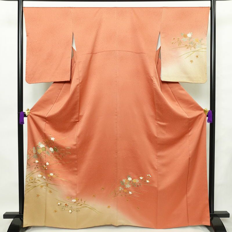 付け下げ 正絹 木の葉・植物柄 袷仕立て 身丈166cm 裄丈67.5cm 箔 金彩 フォーマル 着物 橙_画像1