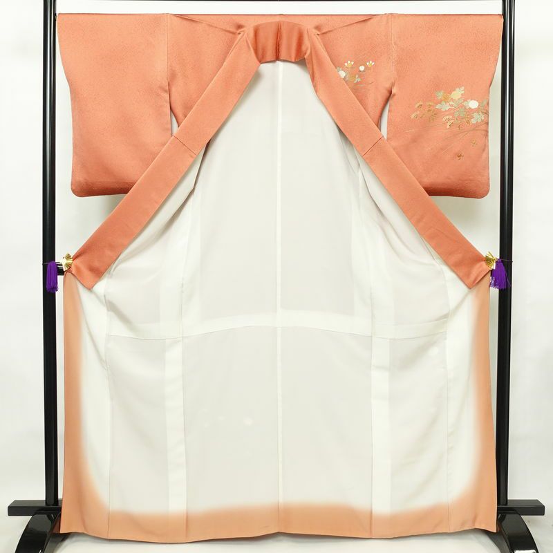 付け下げ 正絹 木の葉・植物柄 袷仕立て 身丈166cm 裄丈67.5cm 箔 金彩 フォーマル 着物 橙_画像3