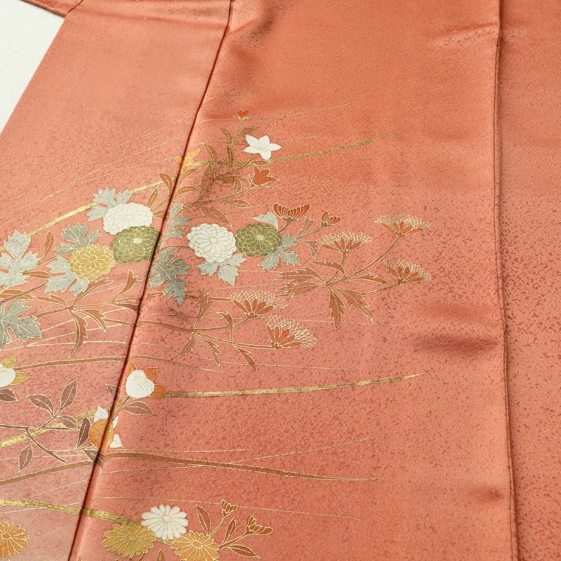 付け下げ 正絹 木の葉・植物柄 袷仕立て 身丈166cm 裄丈67.5cm 箔 金彩 フォーマル 着物 橙_画像5
