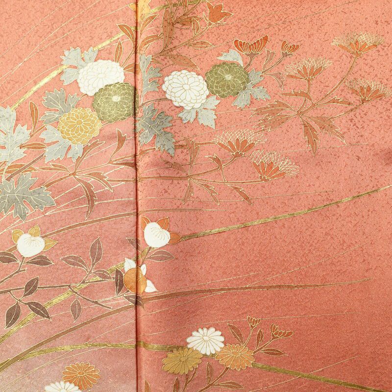 付け下げ 正絹 木の葉・植物柄 袷仕立て 身丈166cm 裄丈67.5cm 箔 金彩 フォーマル 着物 橙_画像6