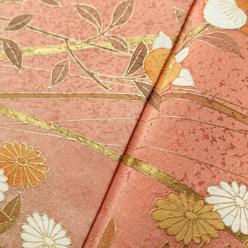 付け下げ 正絹 木の葉・植物柄 袷仕立て 身丈166cm 裄丈67.5cm 箔 金彩 フォーマル 着物 橙_画像11