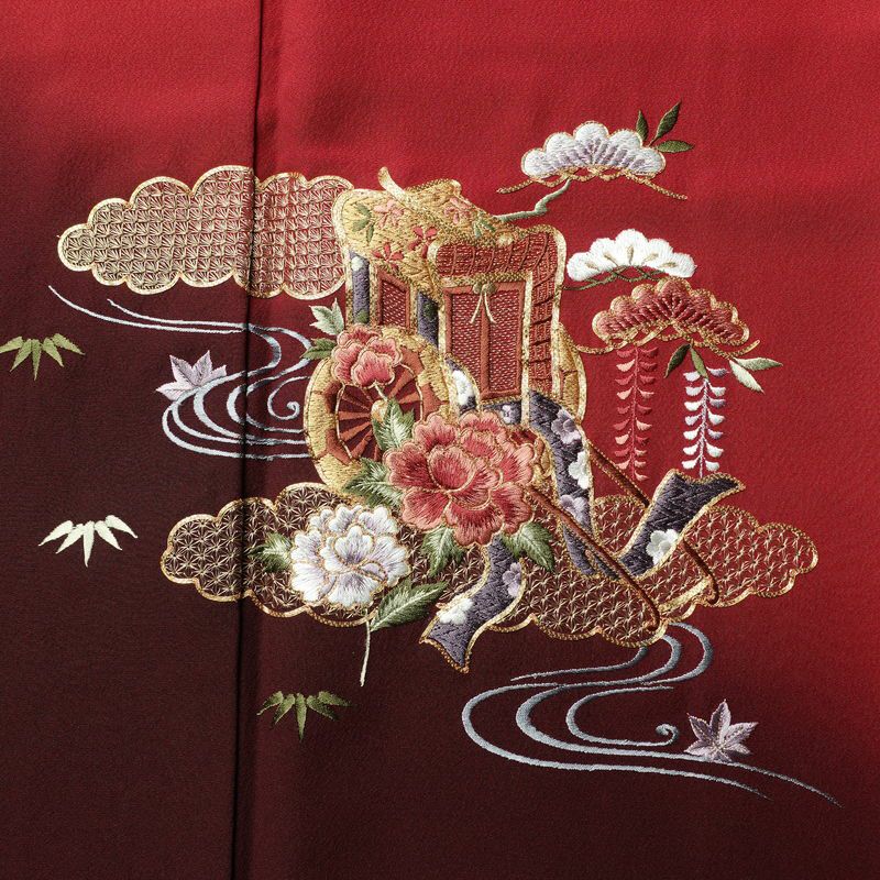 振袖 縮緬 金駒刺繍 正絹 古典柄 袷仕立て 身丈156.5cm 裄丈64cm 刺繍 金糸 フォーマル 着物 赤・朱_画像6