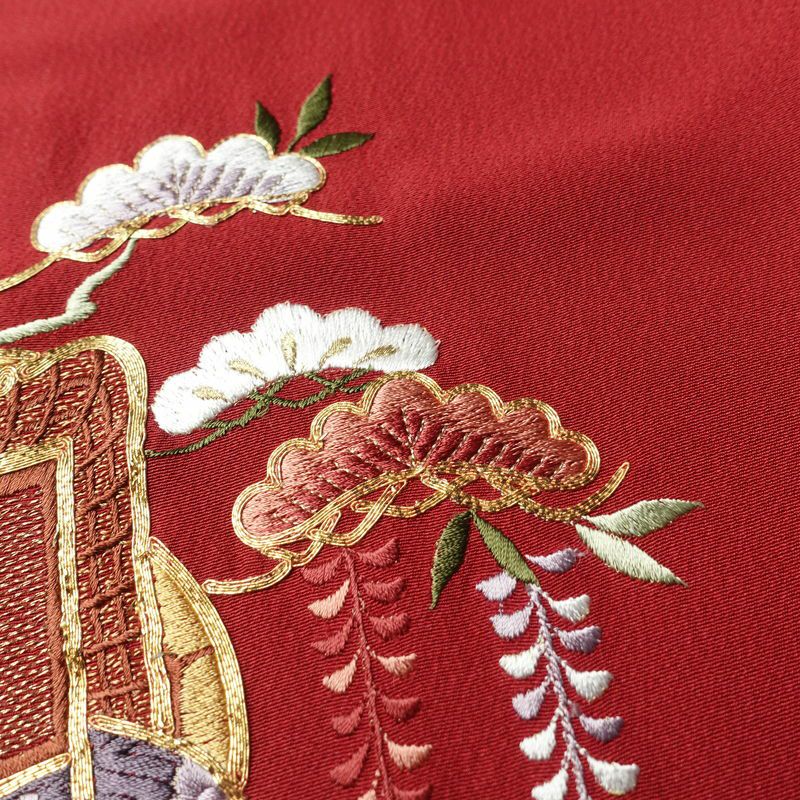 振袖 縮緬 金駒刺繍 正絹 古典柄 袷仕立て 身丈156.5cm 裄丈64cm 刺繍 金糸 フォーマル 着物 赤・朱_画像8
