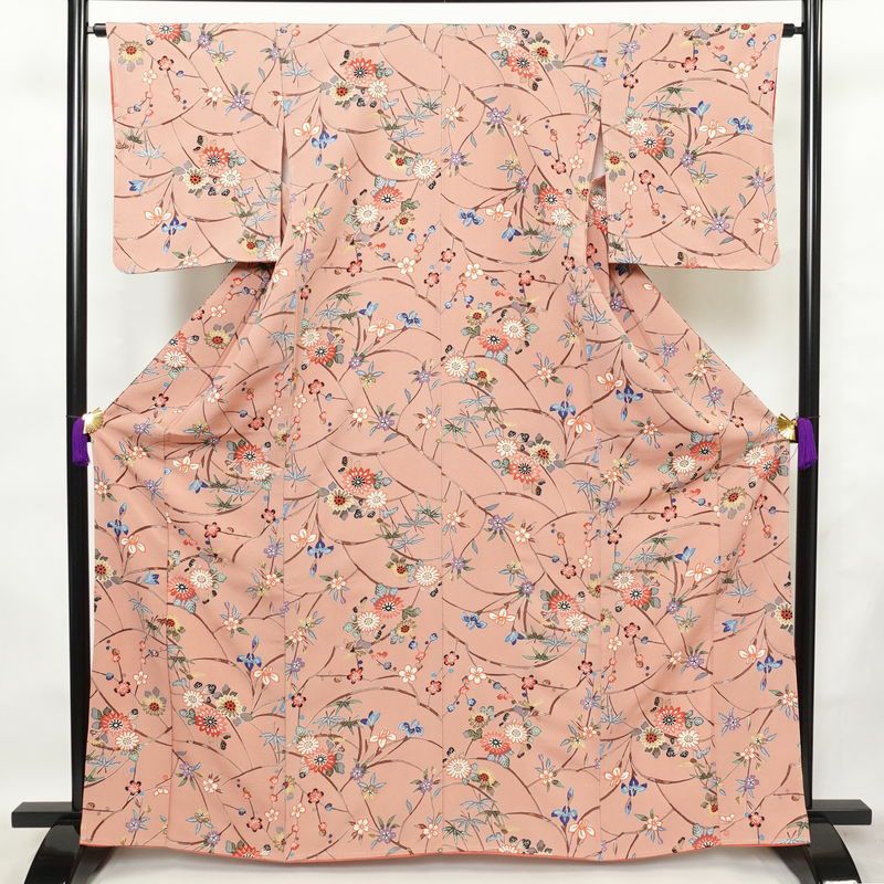 小紋 美品 しつけ糸付き 縮緬 正絹 花柄 袷仕立て 身丈165cm 裄丈65cm 着物 くすみピンク ピンク_画像1
