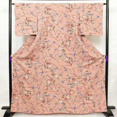 小紋 美品 しつけ糸付き 縮緬 正絹 花柄 袷仕立て 身丈165cm 裄丈65cm 着物 くすみピンク ピンク
