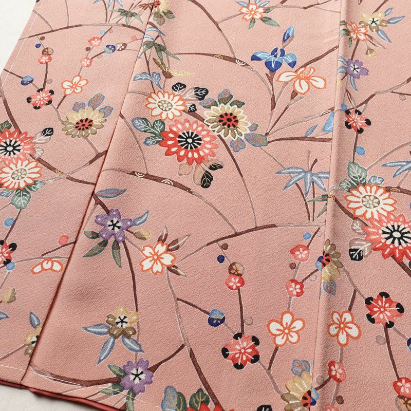 小紋 美品 しつけ糸付き 縮緬 正絹 花柄 袷仕立て 身丈165cm 裄丈65cm 着物 くすみピンク ピンク_画像4