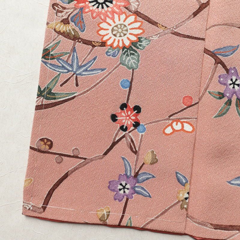 小紋 美品 しつけ糸付き 縮緬 正絹 花柄 袷仕立て 身丈165cm 裄丈65cm 着物 くすみピンク ピンク_画像13