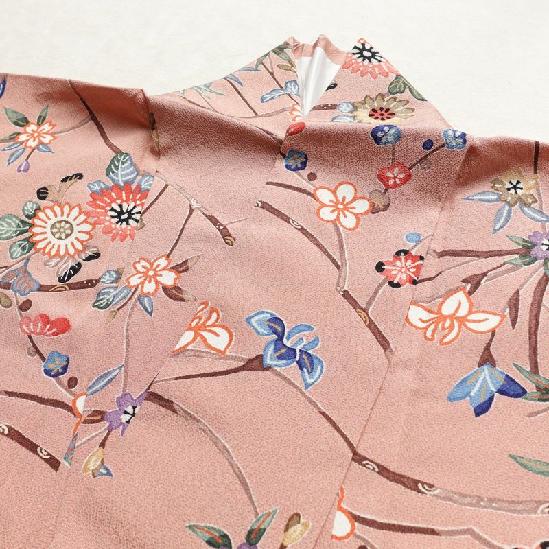 小紋 美品 しつけ糸付き 縮緬 正絹 花柄 袷仕立て 身丈165cm 裄丈65cm 着物 くすみピンク ピンク_画像17