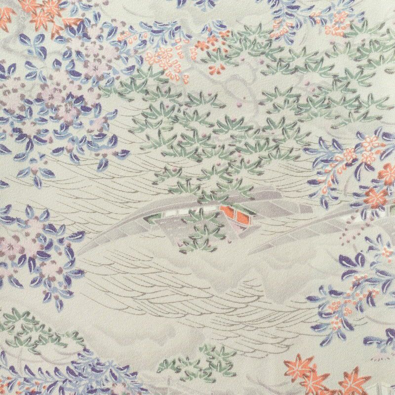 小紋 しつけ糸付き 縮緬 総柄 正絹 木の葉・植物柄 袷仕立て 身丈160cm 裄丈66cm 着物 多色使い_画像6