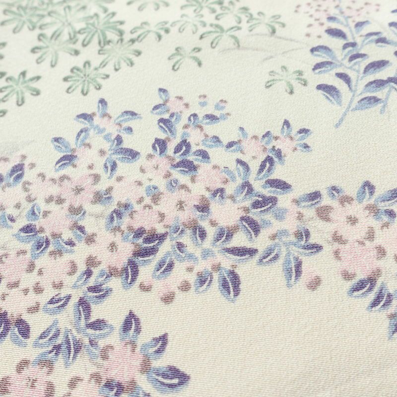 小紋 しつけ糸付き 縮緬 総柄 正絹 木の葉・植物柄 袷仕立て 身丈160cm 裄丈66cm 着物 多色使い_画像8