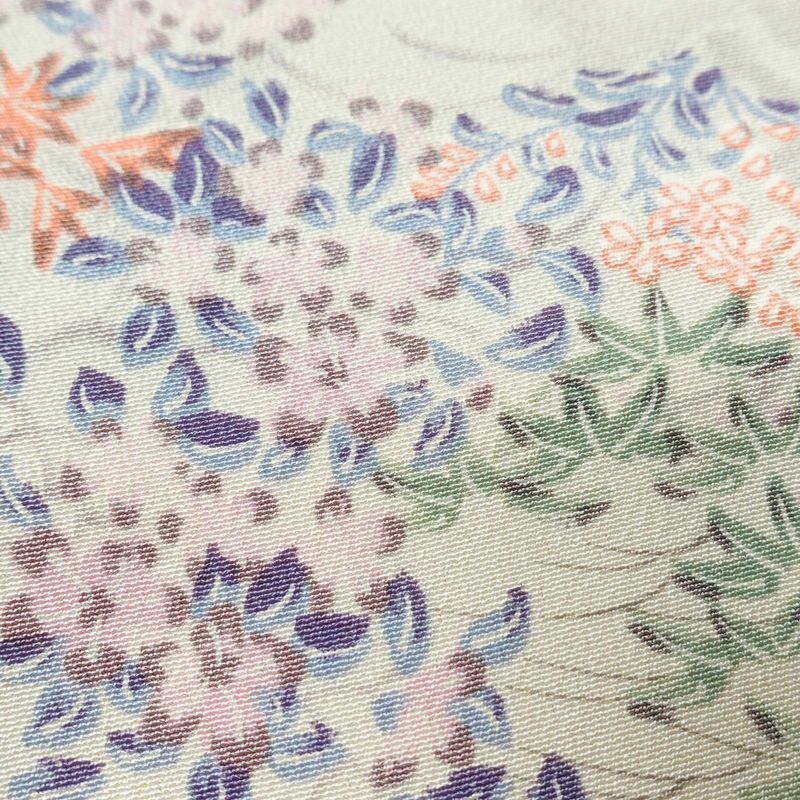 小紋 しつけ糸付き 縮緬 総柄 正絹 木の葉・植物柄 袷仕立て 身丈160cm 裄丈66cm 着物 多色使い_画像9