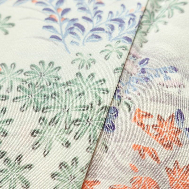 小紋 しつけ糸付き 縮緬 総柄 正絹 木の葉・植物柄 袷仕立て 身丈160cm 裄丈66cm 着物 多色使い_画像10