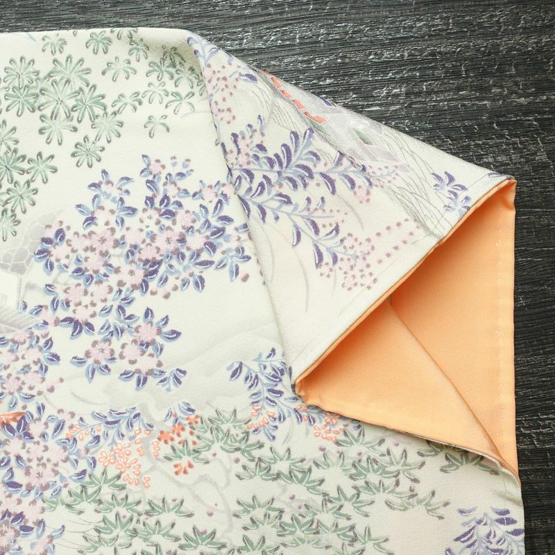 小紋 しつけ糸付き 縮緬 総柄 正絹 木の葉・植物柄 袷仕立て 身丈160cm 裄丈66cm 着物 多色使い_画像15