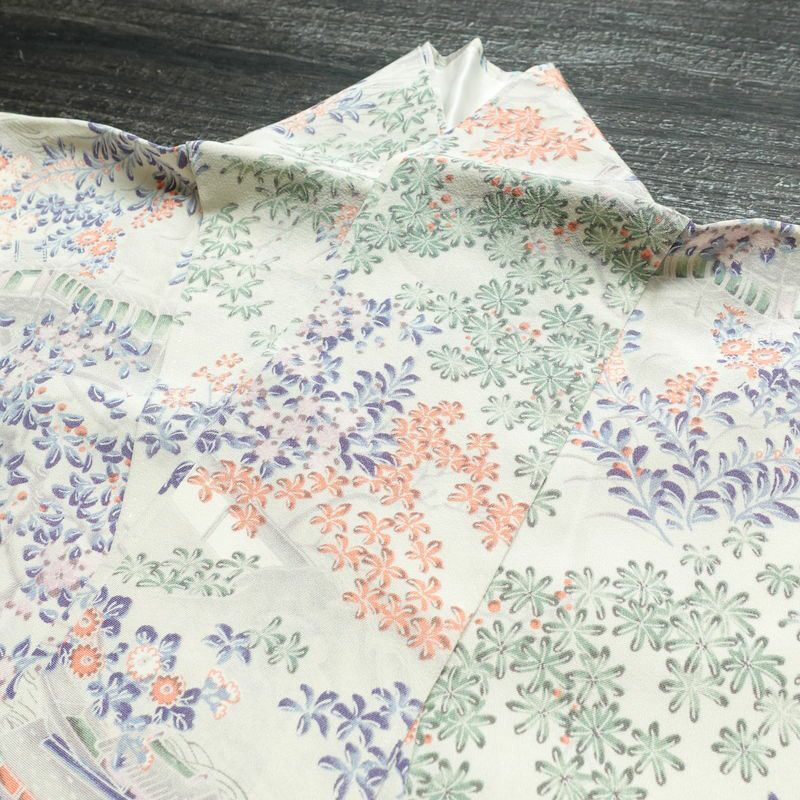 小紋 しつけ糸付き 縮緬 総柄 正絹 木の葉・植物柄 袷仕立て 身丈160cm 裄丈66cm 着物 多色使い_画像17