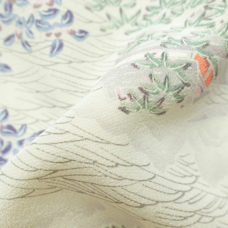 小紋 しつけ糸付き 縮緬 総柄 正絹 木の葉・植物柄 袷仕立て 身丈160cm 裄丈66cm 着物 多色使い_画像21