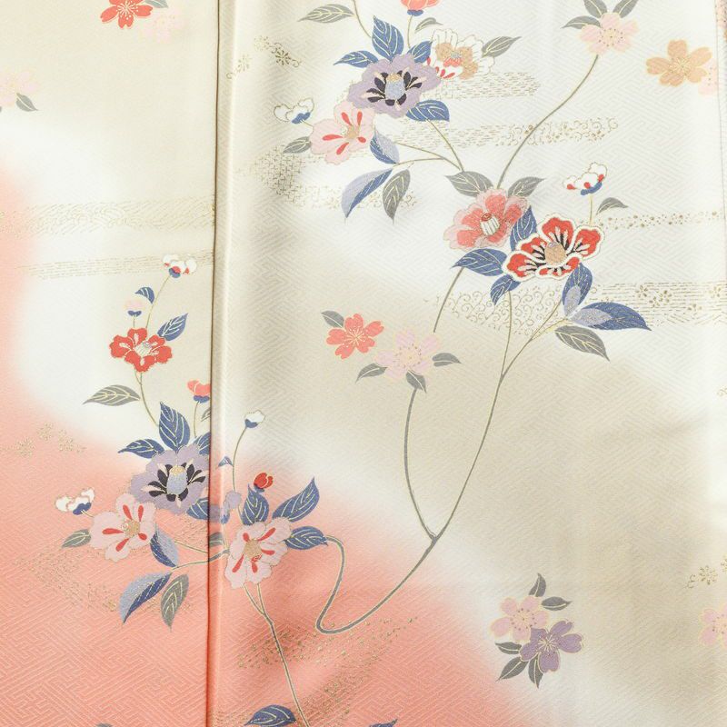 付け下げ しつけ糸付き 正絹 花柄 袷仕立て 身丈160cm 裄丈66cm 金彩 着物 グレージュ ベージュ_画像6