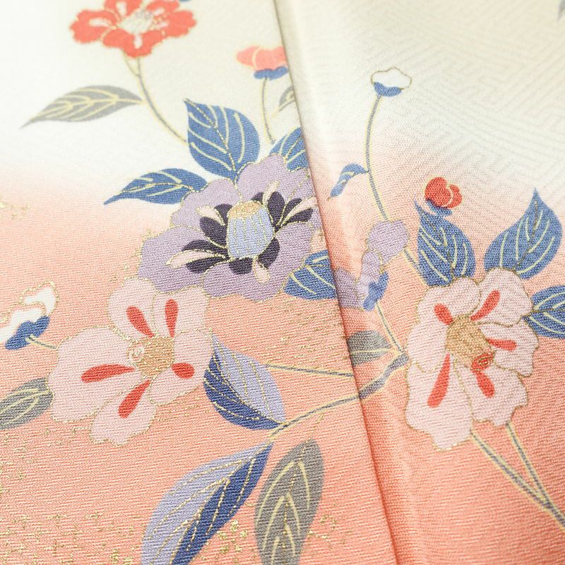 付け下げ しつけ糸付き 正絹 花柄 袷仕立て 身丈160cm 裄丈66cm 金彩 着物 グレージュ ベージュ_画像9